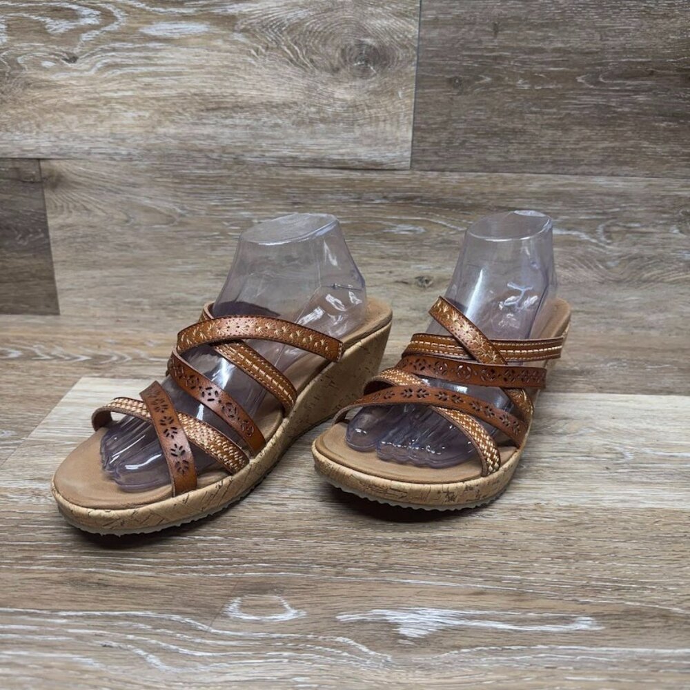 Skechers Beverlee Tiger Posse Brown Leather Platform Wedge Sandal Women's Size 9